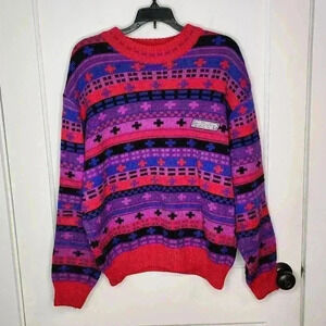 Vintage SPYDER 1990s Pullover Sweater Retro Wool Size Large Blue Red Pink Patch